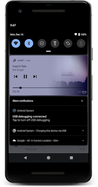 Screenshot of notification showing information about the current song being played and playback controls
